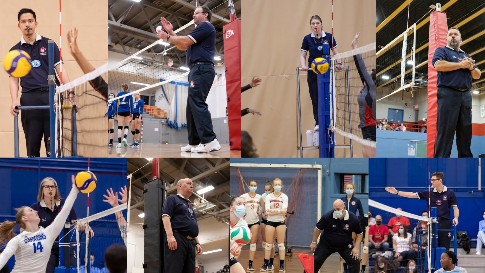 Mosaïque d’arbitres de volleyball en action — chaise d’arbitre, juges de ligne et signaux officiels